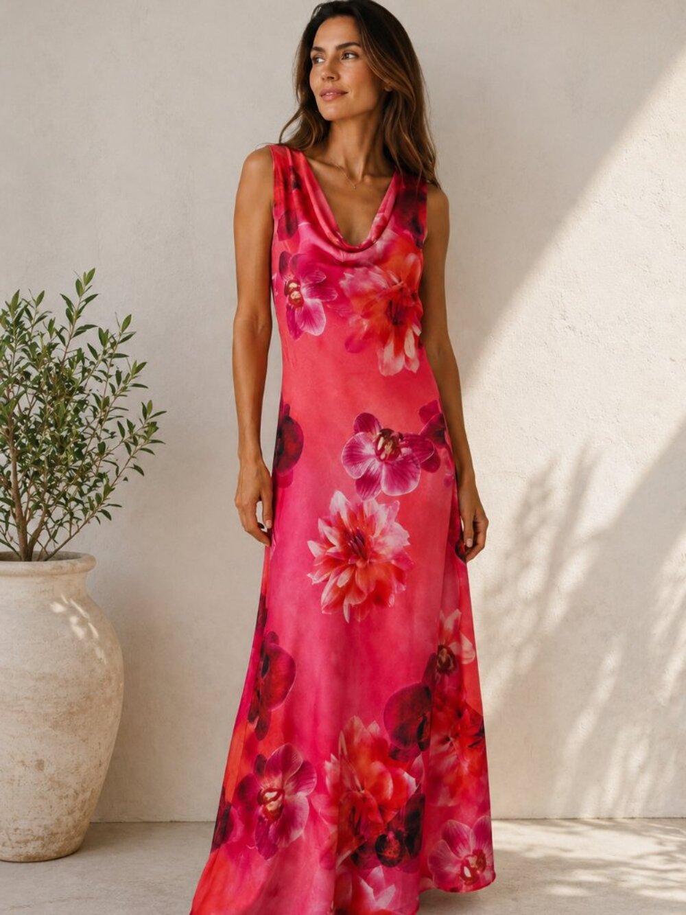 Pink Floral Cowl Neck Sleeveless Maxi Dress